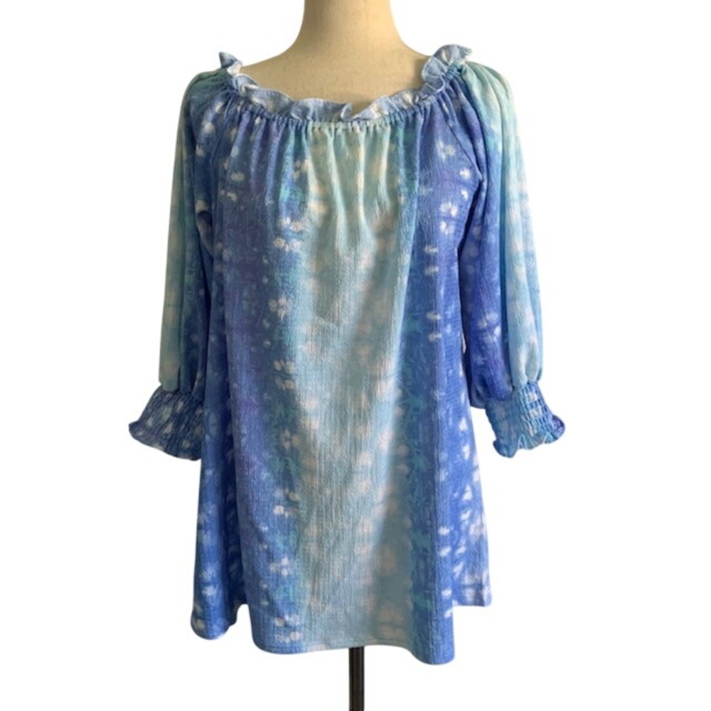 NWT Blue Ombre Off Shoulder Blouse M Boho Peasant Top Watercolor Beachy Flowy